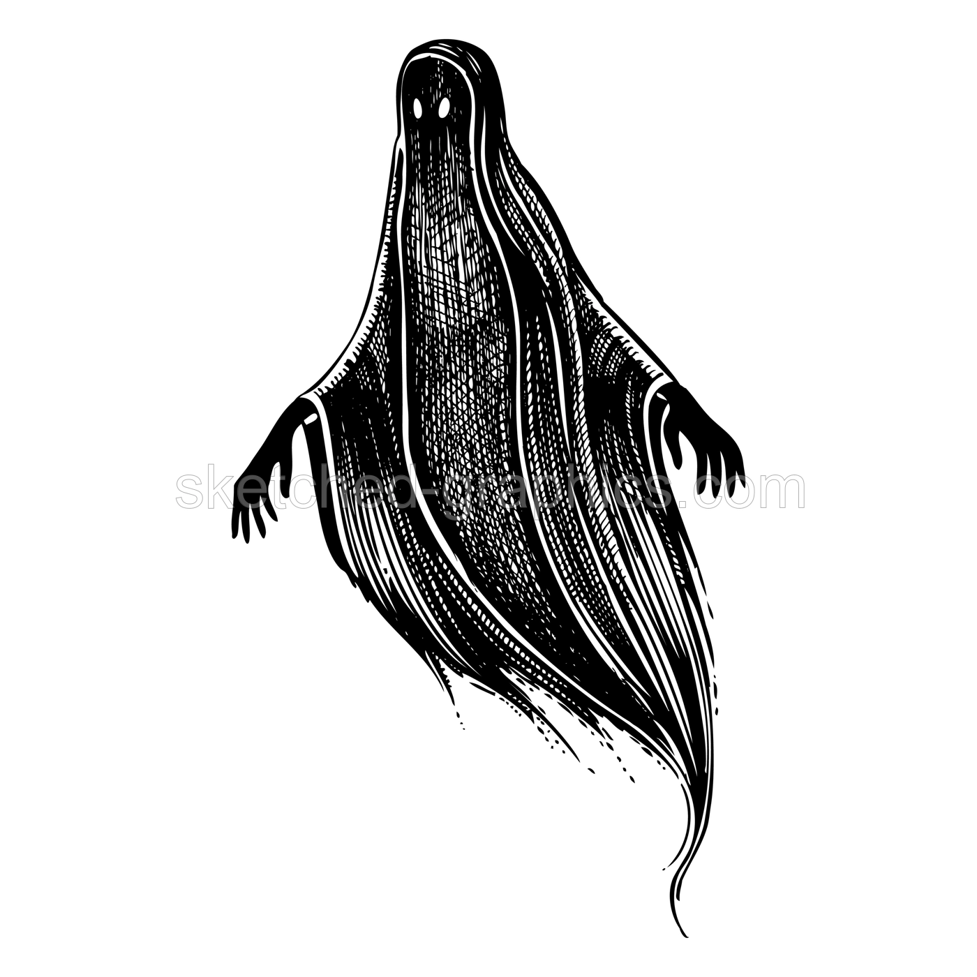 Ghost sketch. Gothic tattoo design. Halloween hand-drawn vector illustration. Black spirit drawing. NOT AI generated Illustration